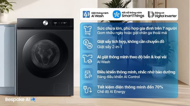 Samsung Bespoke Inverter giặt 12 kg - sấy 7 kg WD12DB7B85GBSV 12kg