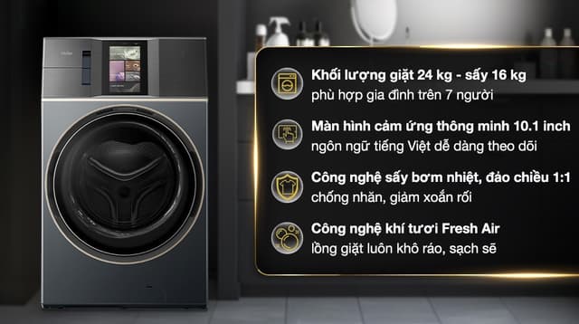 Haier L+ Inverter giặt 24 kg - sấy 16 kg HWD240-BD12LU1L (GN) 24kg