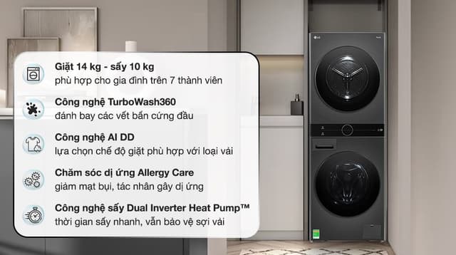 LG WashTower Inverter giặt 14 kg - sấy 10 kg WT1410NHB 14kg