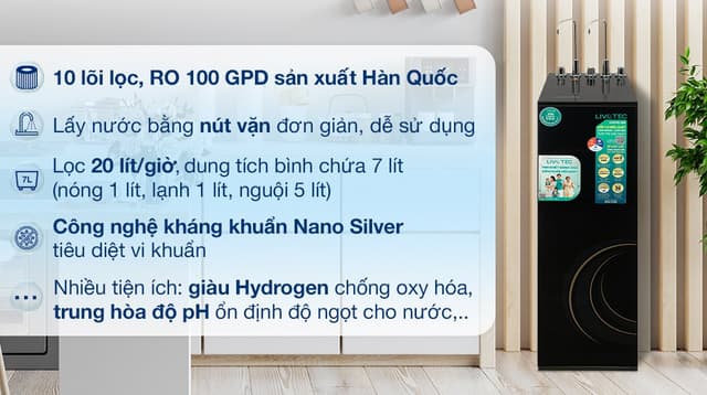 Máy lọc nước RO nóng nguội lạnh Hydrogen Livotec 638 10 lõi