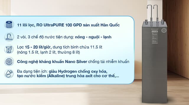 Máy lọc nước RO nóng nguội lạnh Hydrogen Sunhouse UltraX SHA76601S 11 lõi