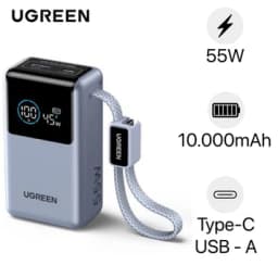 Pin sạc dự phòng Ugreen PB727 75701B 10000mAh 55W 1C1A QC 3.0 màn hình + tích hợp cáp Type-C