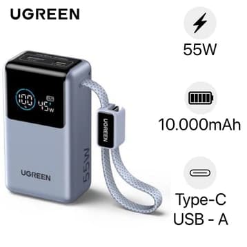 Pin sạc dự phòng Ugreen PB727 75701B 10000mAh 55W 1C1A QC 3.0 màn hình + tích hợp cáp Type-C