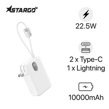 Pin dự phòng StarGO Gem 3 10000mAh 22.5W tích hợp cáp C+L, có chân cắm sạc