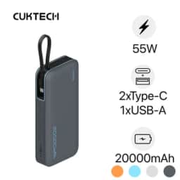 Pin dự phòng Cuktech 1C1A 20000mAh 55W tích hợp cáp Type-C (CP25) PB200N