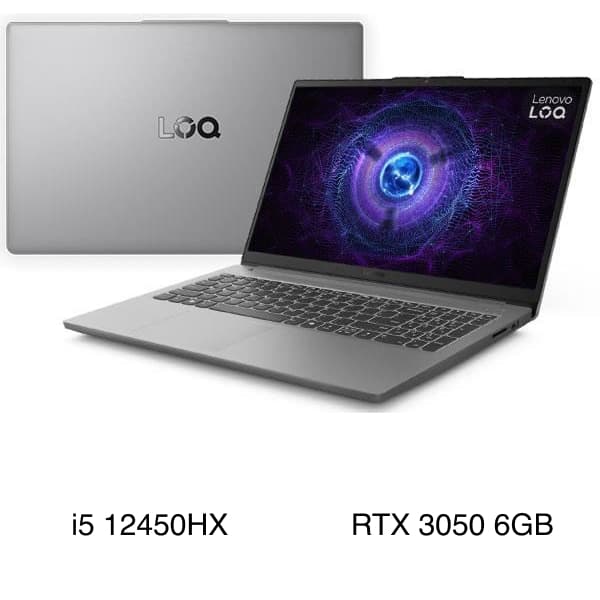 Laptop Lenovo Gaming LOQ 15IAX9E 83LK0079VN màu xám đặt trên nền trắng