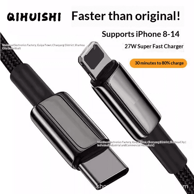QIHUISHI Cáp sạc nhanh PD 27W cho iPhone 8-14 và ipad, sạc siêu tốc với thiết kế bện